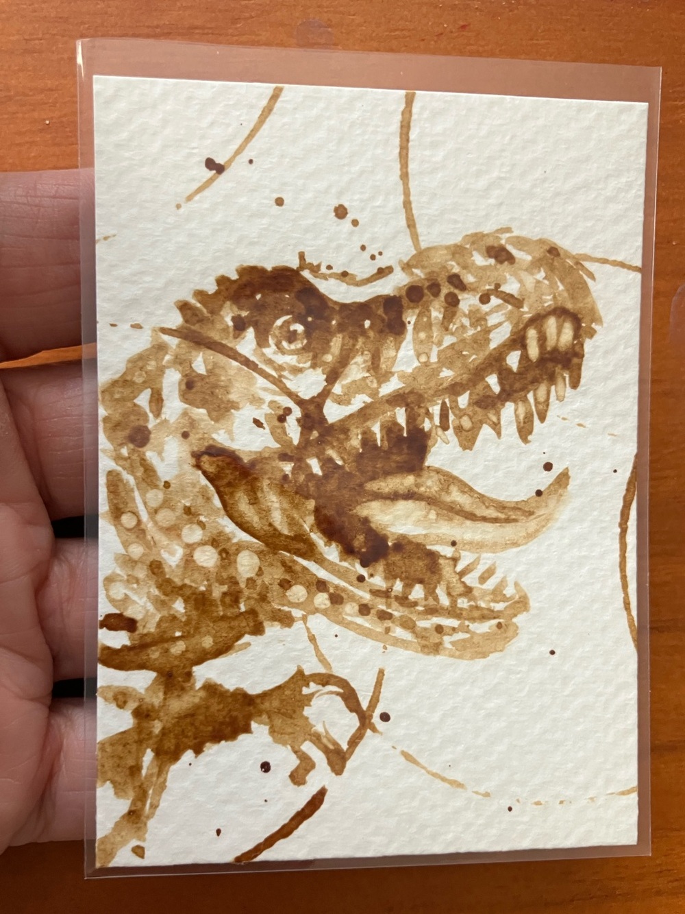 Aceo original coffee Trex dinosaur painting Jurassic atc gift art EAE